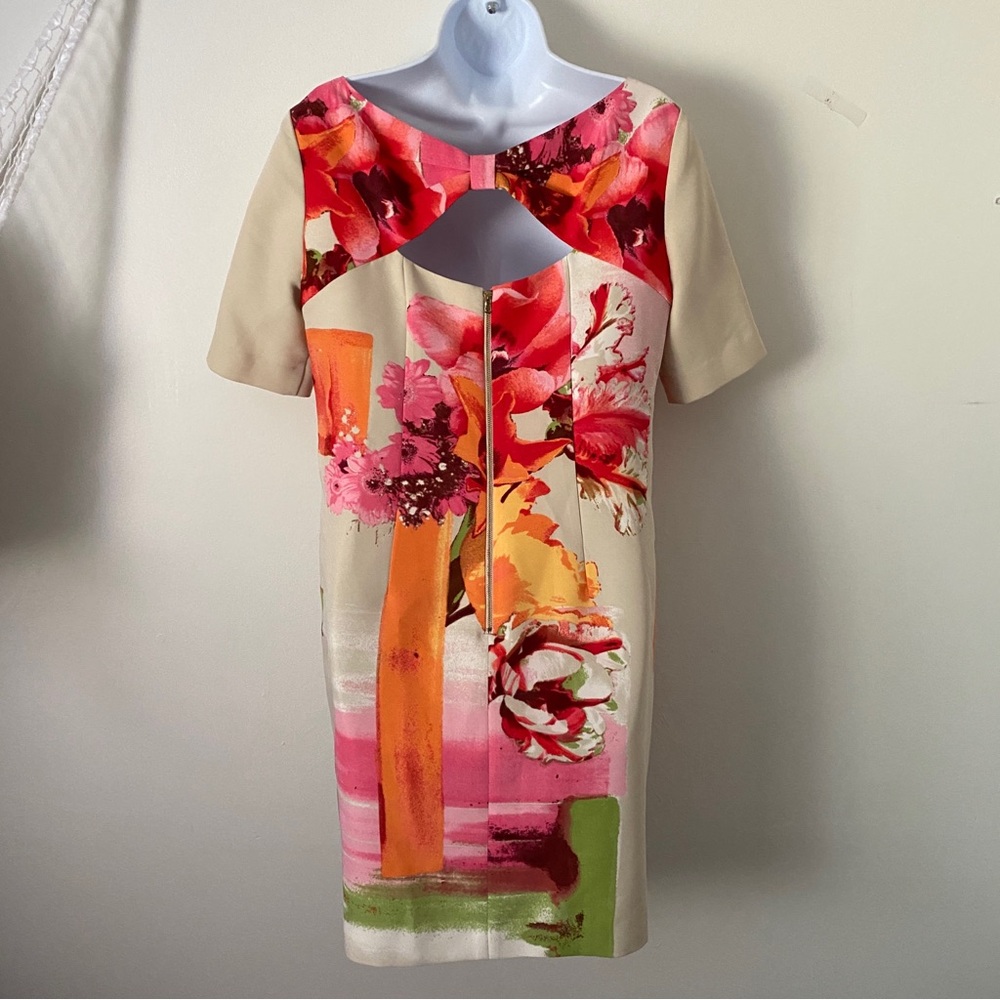 Gabby Skye Pink, Cream & Orange Abstract Floral Shift Sheath Dress with Pockets - Picture 7 of 14